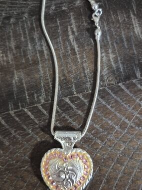 Silver Heart Conxho Pendant Necklace with Pink Accents